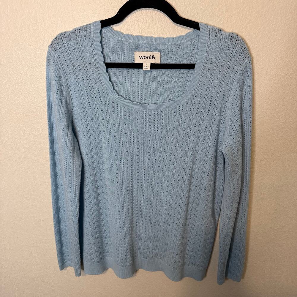 Wool& Daisy Pointelle Sweater Light Blue Women's Size Large - Picture 2 of 7